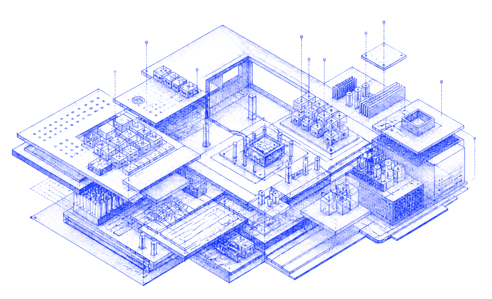 A cobalt technical etching of an intricate modular system made from structural planes, circuits, and engineered components